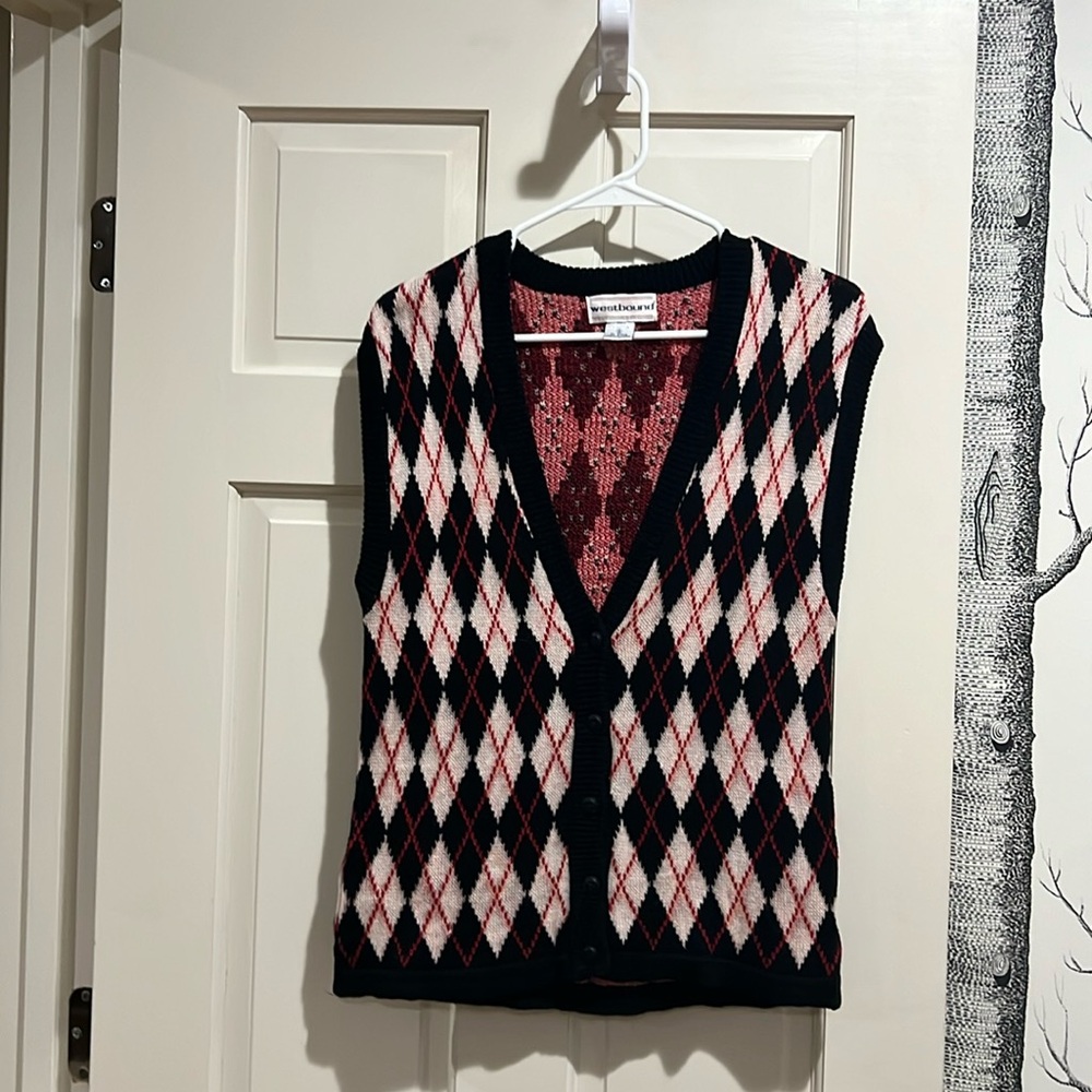 WESTBOUND VINTAGE ARGYLE BUTTON DOWN SWEATER VEST-SIZE SMALL
